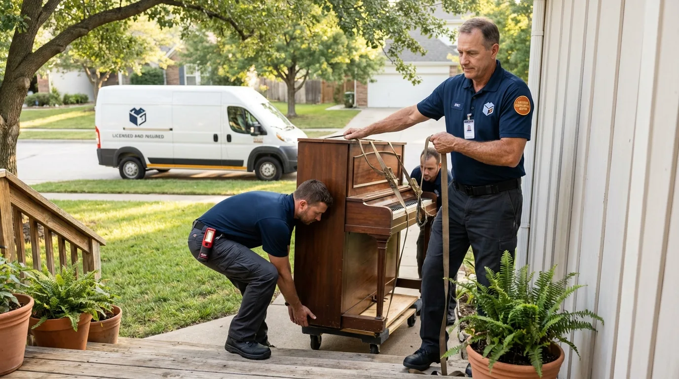 Licensed piano movers securing grand piano in Upton, MA