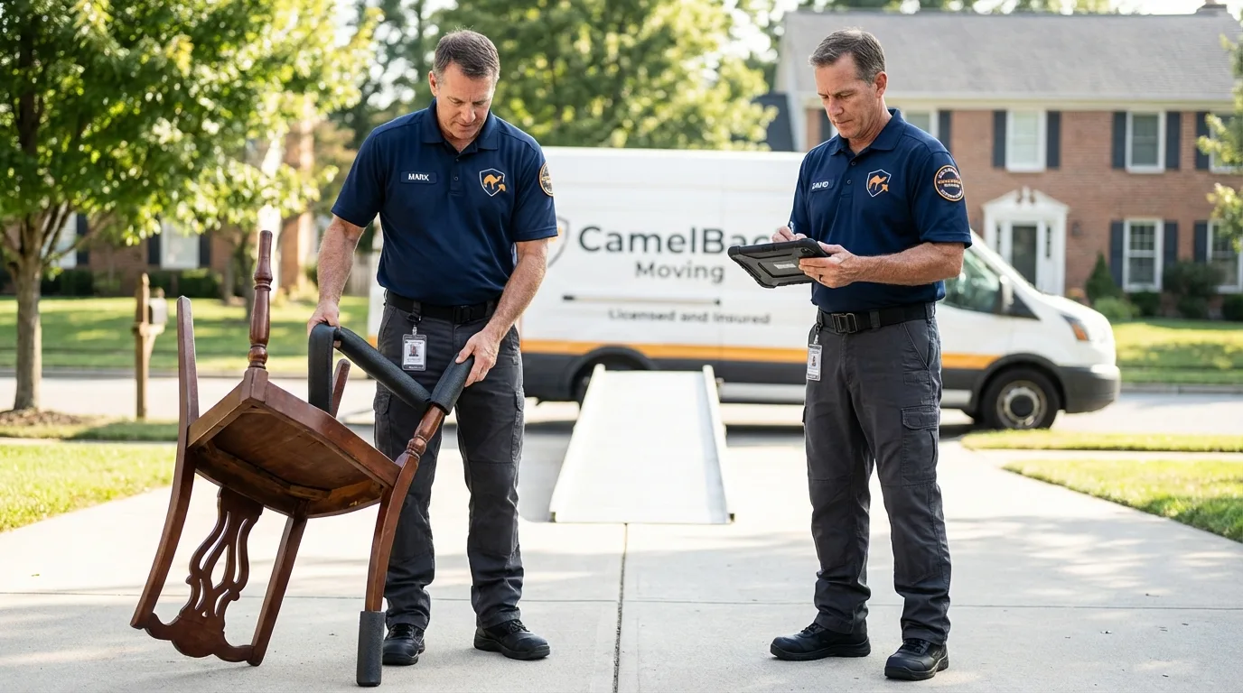 Movers inspecting furniture for damage prevention before loading in Upton, MA
