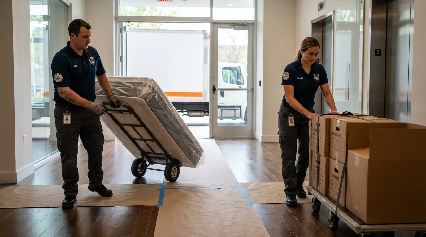 Professional apartment movers loading elevator in Upton, MA