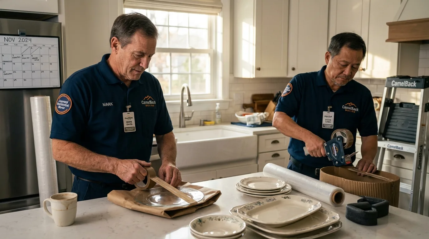 Professional crew packing kitchen dishware in Upton, MA
